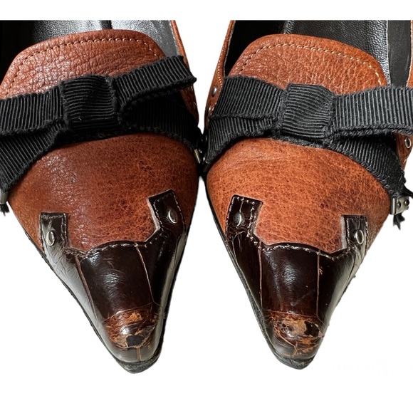 Prada Kitten Heels, Brown, Black Bow Accents, Metal Heel, Crocodile Toe, Size 41 - Picture 7 of 9